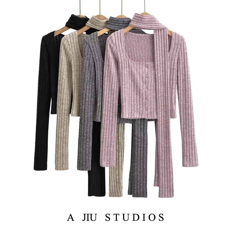

Street Sle Pure Color Knitted ort Sve Long Coat Soft Brued Elastic Slim Fit Square Collar Women's Open Cardigan