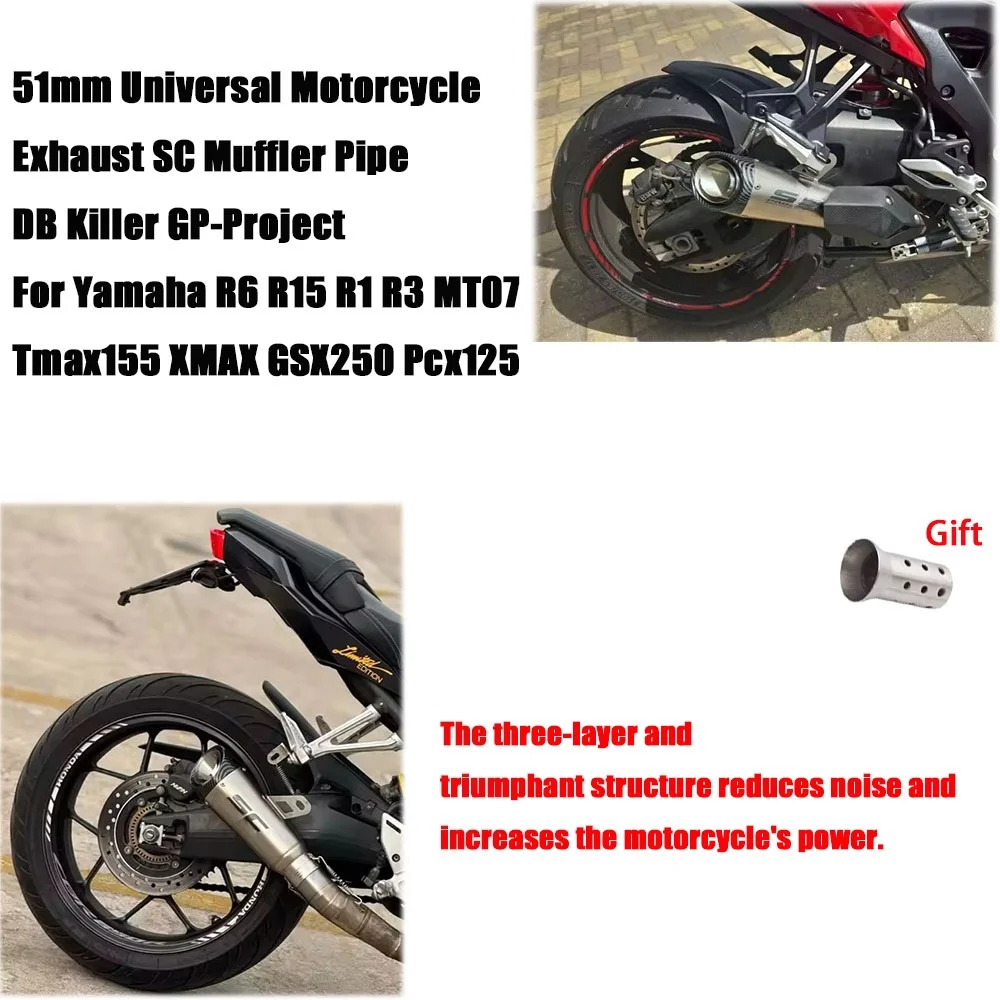 51 مللي متر/60 مللي متر العالمي ، تعديل SC دراجة نارية مشروع العادم الأنابيب ، مع DB القاتل لهوندا YZF R6 R3 R25 MT07 MT09 Z400 Z900 Z650