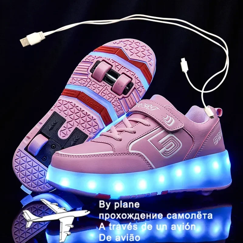 New Pink USB Charging Fashion Girls Boys LED Light Roller Skate Shoes For Children Kids Sneakers With Wheels Four wheels