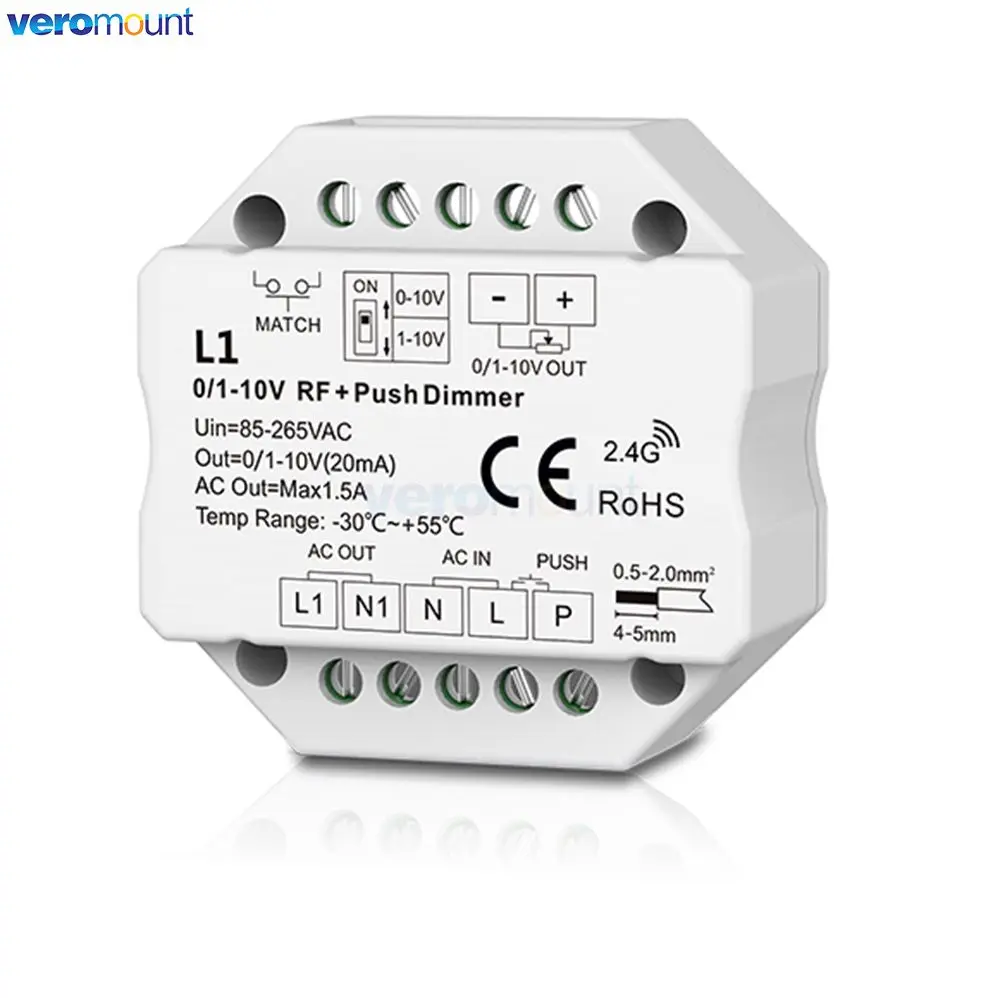 Skydance L1 0-10V 1-10V RF Wireless + AC Push Dim Switch LED Dimmer Wall Junction Box Mounting AC 110 220V Converter