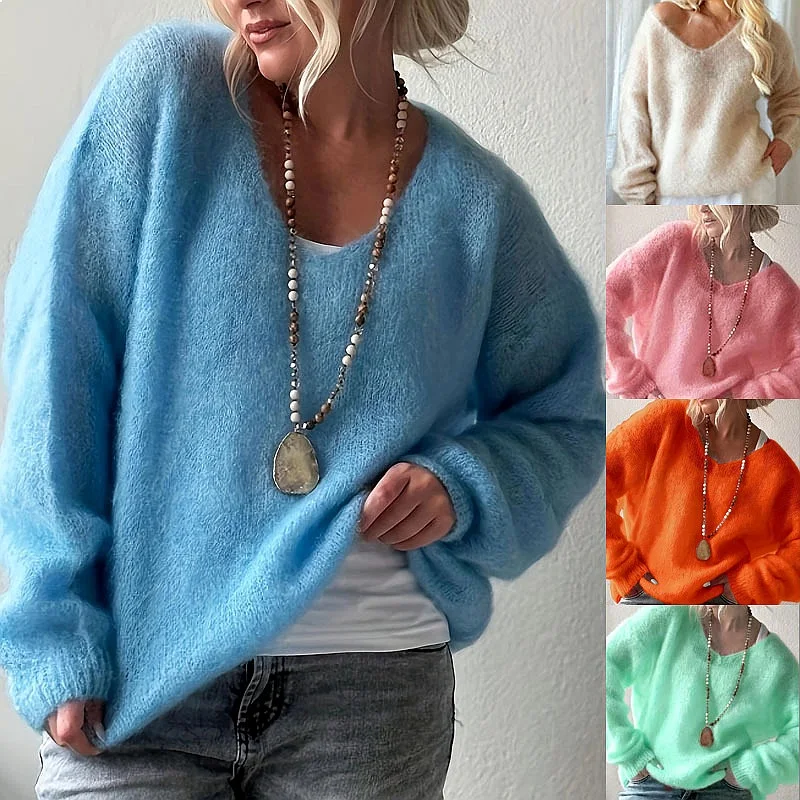 Soft V-Neck Pullover Sweater Women Casual Oversized Knit Top Solid Cozy Sweaters