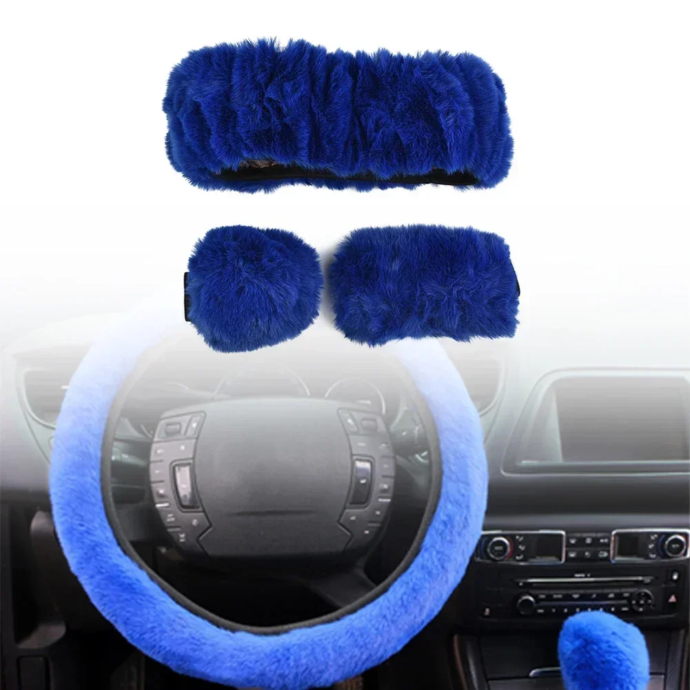 Plush Steering Wheel Cover + Gear Cover + Handbrake Cover (3-piece Set) Pink Fashion Fluffy Steering Wheel Covers For 38cm (14.9