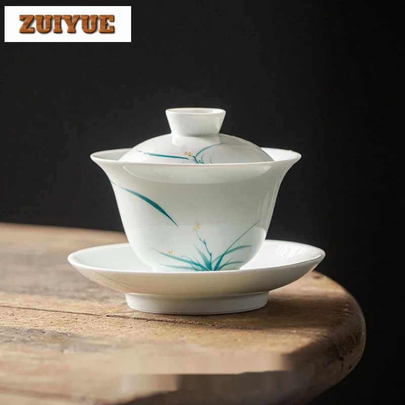 170ml Handpainted Orchid Sancai Cover Bowl White Porcelain Anti-scald Gaiwan Retro Tea Tureen Tea Maker Tableware Ornament Craft