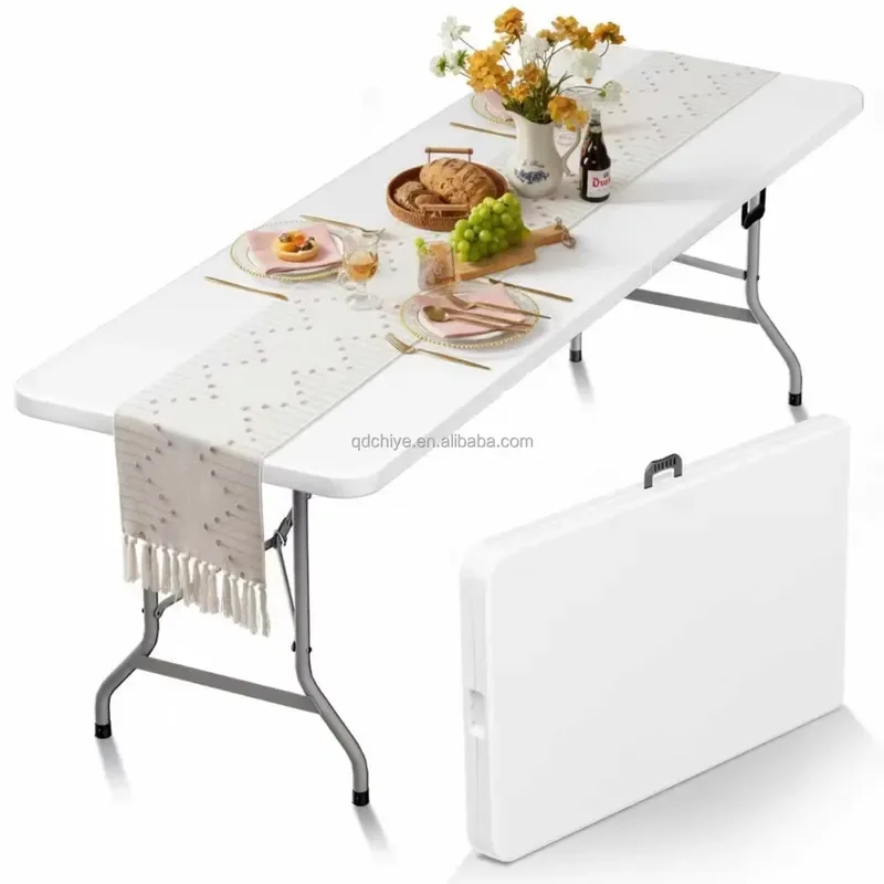 for 8ft Folding Picnic Table Portable Camping Table with Handle Safety Locks Foldable Plastic Dining