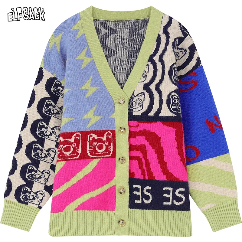 ELFSACK Harajuku Cardigan Women 2024 Spring new Retro Long Sleeve Knitwears Patch Colors