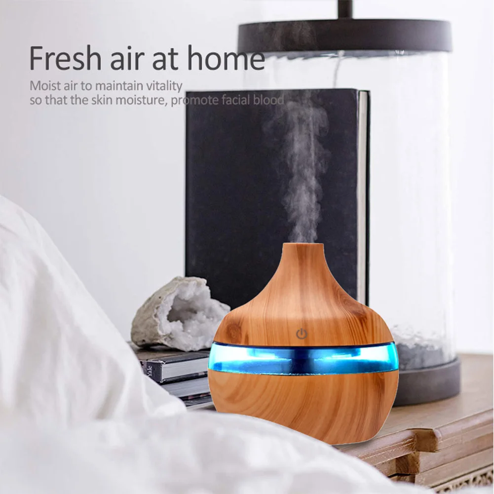 5V 2W 300ML Water Capacity Air Humidifier Essential Oil Diffuser USB Ultrasonic Dark Wood Light Grain LED Light for House Room