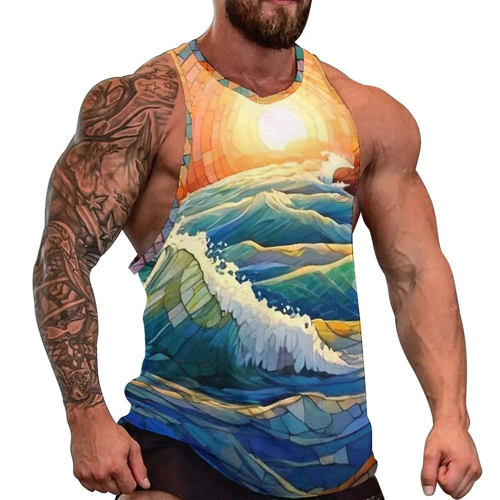 Colorful Mosaic Wave Summer Tank Top  Training Tops Man Design Cool Sleeveless Shirts 3XL 4XL 5XL