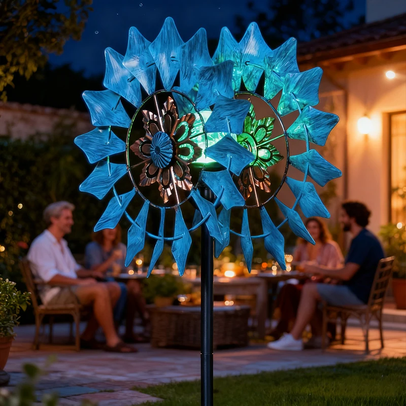Garden Wrought Iron Decorative Windmill Solar-Powered Gradient Color Lighting Rotates with Wind Power, No Electricity Required
