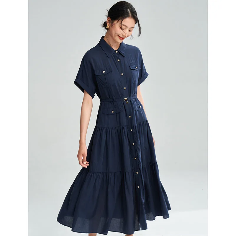 Women Dress Short Sleeve Lapel Single Breasted A-line High Waistband Solid Color Simple Intellectual Elegant Casual Long Dress