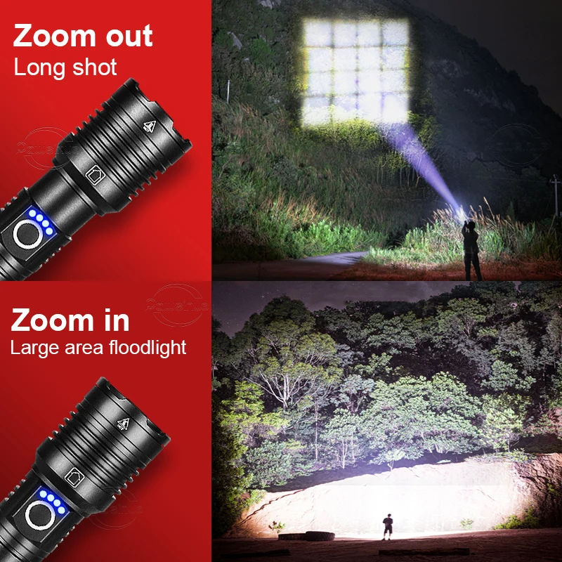 2024 High Power LED Flashlight 16 cores XHP160 Super Bright USB Rechargeable Torch 18650、26650 Zoom Lanterns Camping Hand Lamps