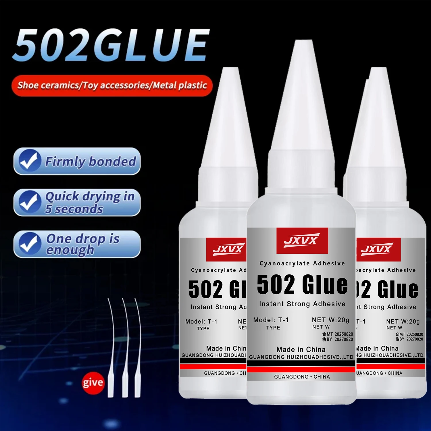 JXVX High-Performance 502 Super Glue Strong, durable bonding for glass, wood, metal, plastic, and ceramics. Ideal for home DIY and repairs. Free worldwide shipping. 20ml, 1-3 pieces.