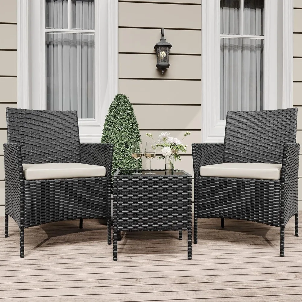 

3 Pieces Patio Furniture Sets, All Weather Manual Rattan Chairs with Soft Cushion and Glass Table, Outdoor Wicker Conversation S