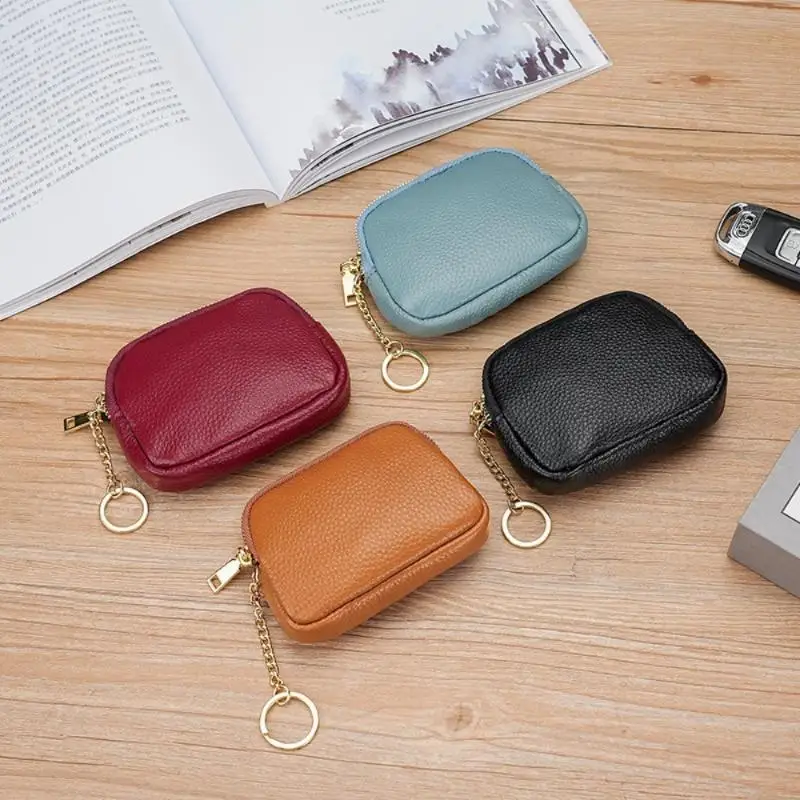 Coin Purse Brown Litchi Grain PU Leather Sturdy Zipper with Key Ring Thin Portable Wallet for Hiking Short Trips