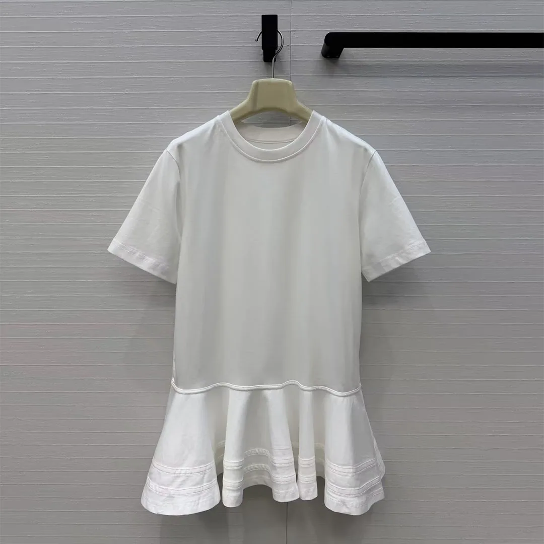 

2026 New Summer Fashion Sweet Cotton T-shirt Women O-neck Short Sleeve Ruffles Patchwork Slim Waist Solid Color Casual Tops Tee