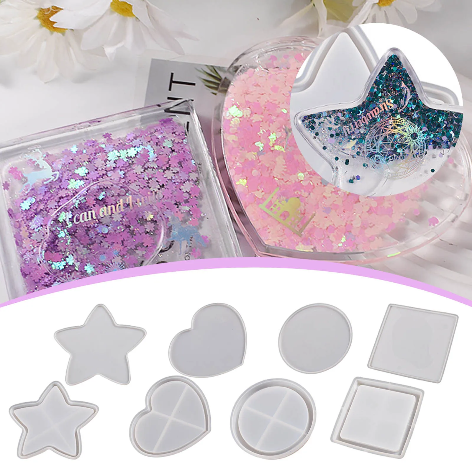 Diy Square Heart Round Star Shape Coaster Shaker Silicone Mold Quicksand Frame Cup Mat Table Ornament Epoxy Resin Casting Mould