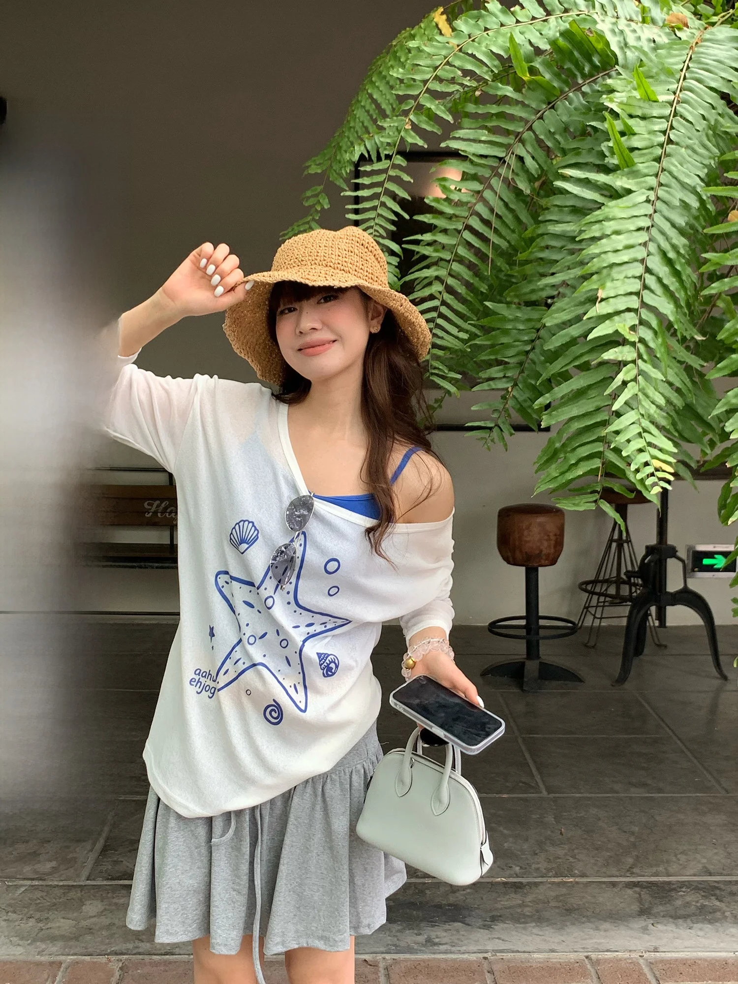 

Vacation Style Starfish Long Sleeve Shoulder Baring Set Women's Fashion Spring Outfit Two Piece Suit Sunscreen T-Shirt