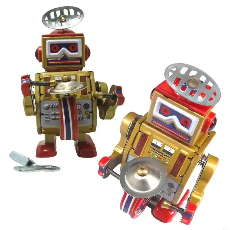 Toy Display Tinplate Robot Drummer Mechanical Wind Up Toy For Collectors L4MC