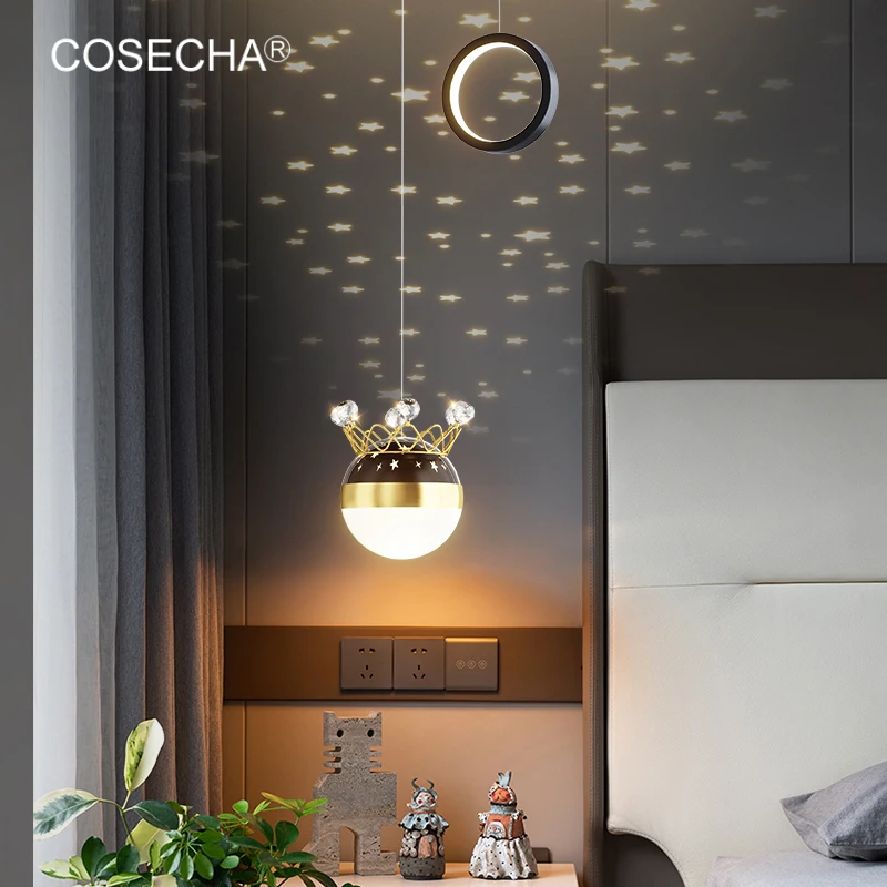 Small Crown Chandelier Led Bedside Lighting Mini Round Pendant Lamp With Star Moon Shadow In Kids/Children'S Room Baby Room