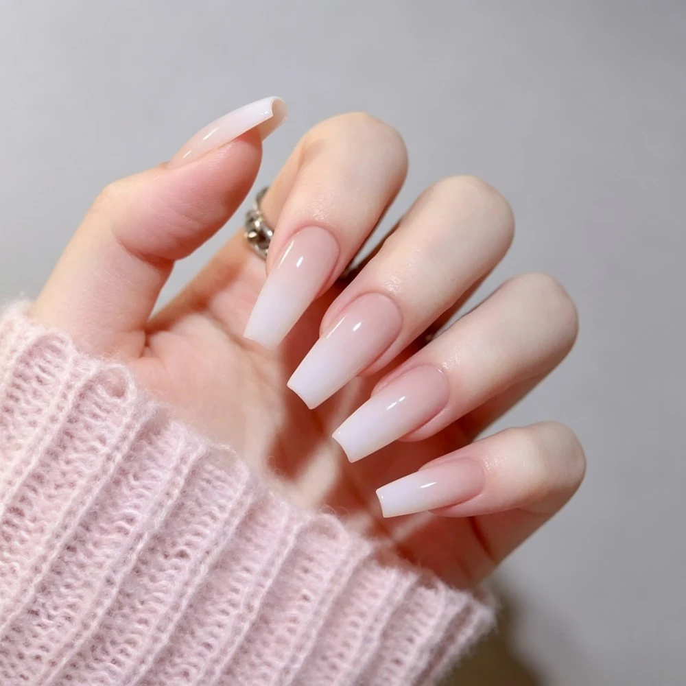 24pcs/Box Long Coffin False Nails Art Rose with Glue Wearable Nude Pink White Color Jelly Nails Tips Full Cover Press on Nails view 5
