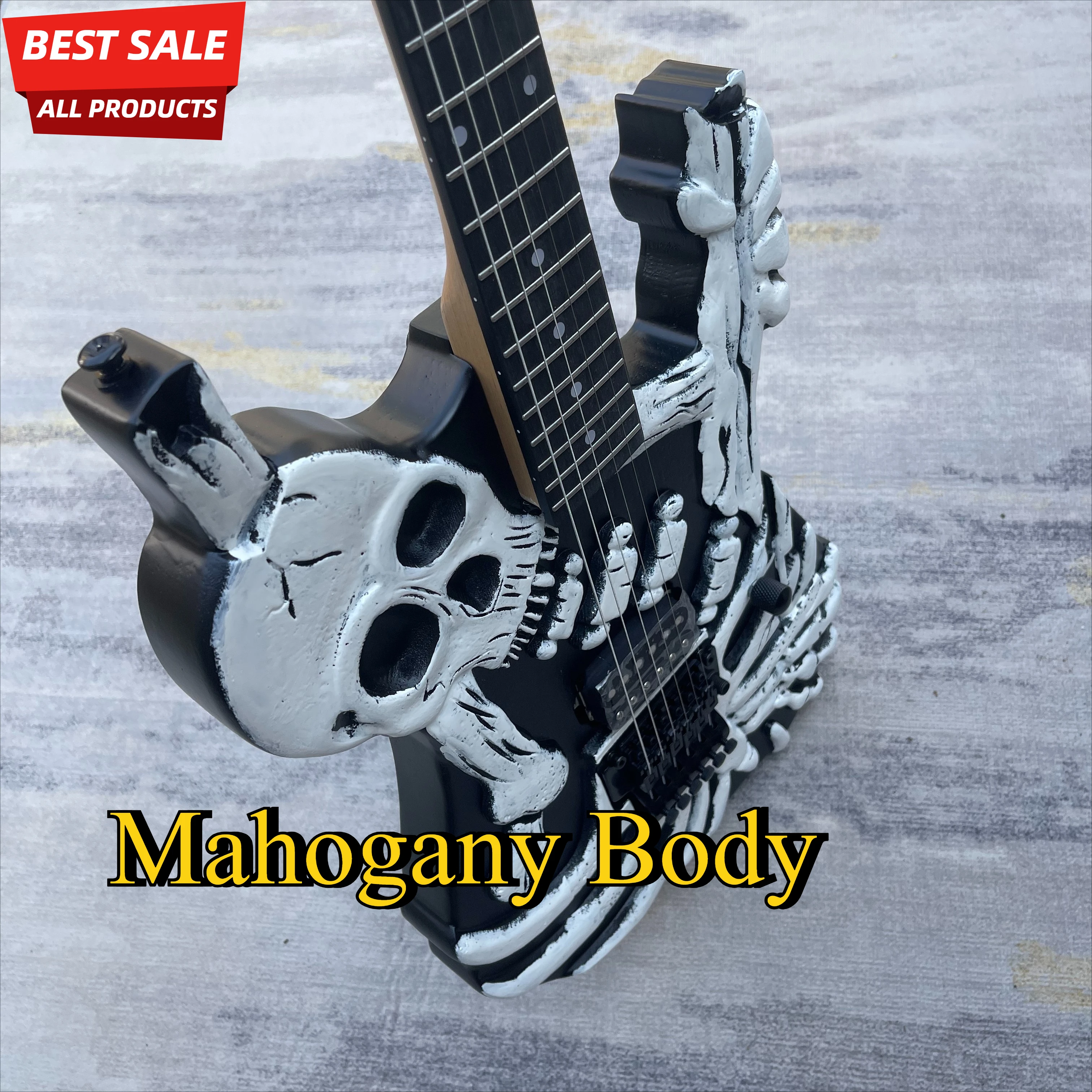 Black White Skull Skeleton Carved Electric Guitar Mahogany Body Rosewood Fingerboard HH Pickups Heavy Metal Stage Guitar