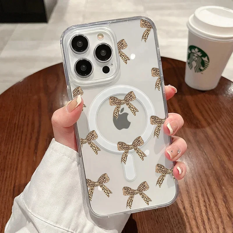 

Leopard Print Bow Phone Case For iPhone 17 Pro 16 15 14 Pro Max 13 12 11 Pro 7 8 Plus XS For Magsafe ShockProof Clear TPU Funda