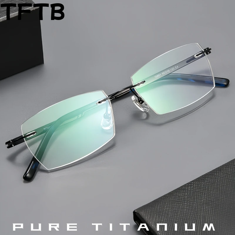

TFTB Men's Business Rimless Glasses Retro Fashion Pure Titanium Ultra-light Comfortable Optical Prescription Eyeglasses Frame