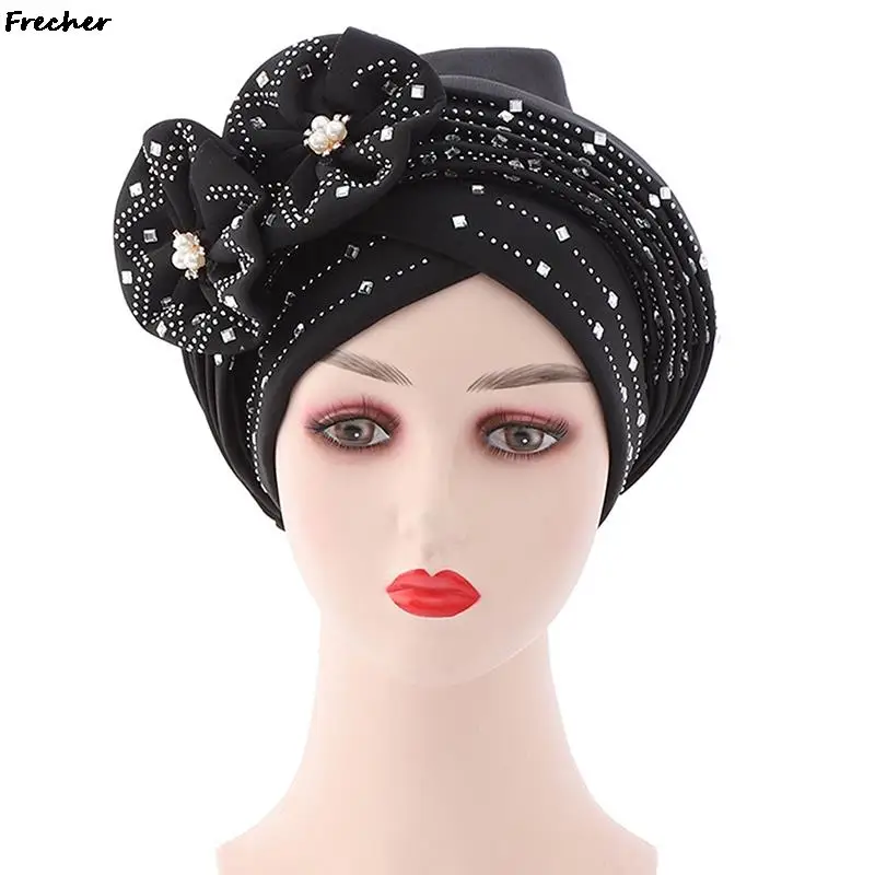 Afrikanische Kristall Turban Kappe muslimische Hijabs Mütze Abdeckung Blume Bowknot Motorhaube Kopftuch Hut Mode Haar abdeckung Blume Dekor Hüte