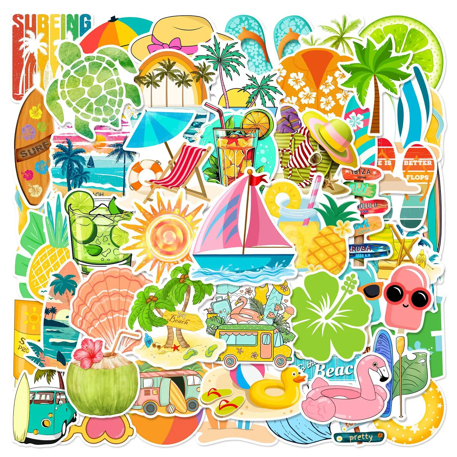 Autocollants waterproof avec motifs de dessin animé pour enfant, stickers, vacances, plage, été, graffiti, DIY, téléphone, ordinateur portable, cahier, valise, tasse, jouet, 50 pièces