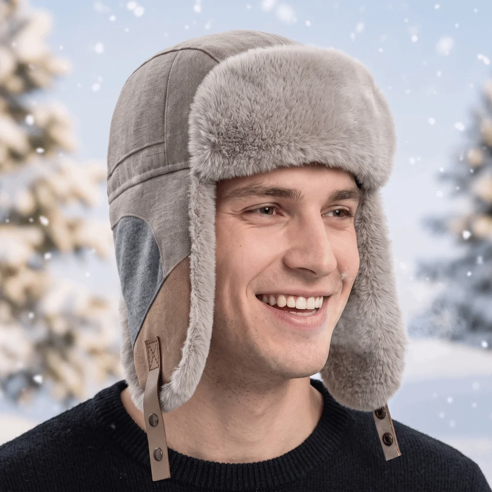 Farbblock-Wintermütze mit Fleece-Futter, Ohrenklappen, winddicht, windresistent, dicke, thermische Patchwork-Skimütze – Detail 11