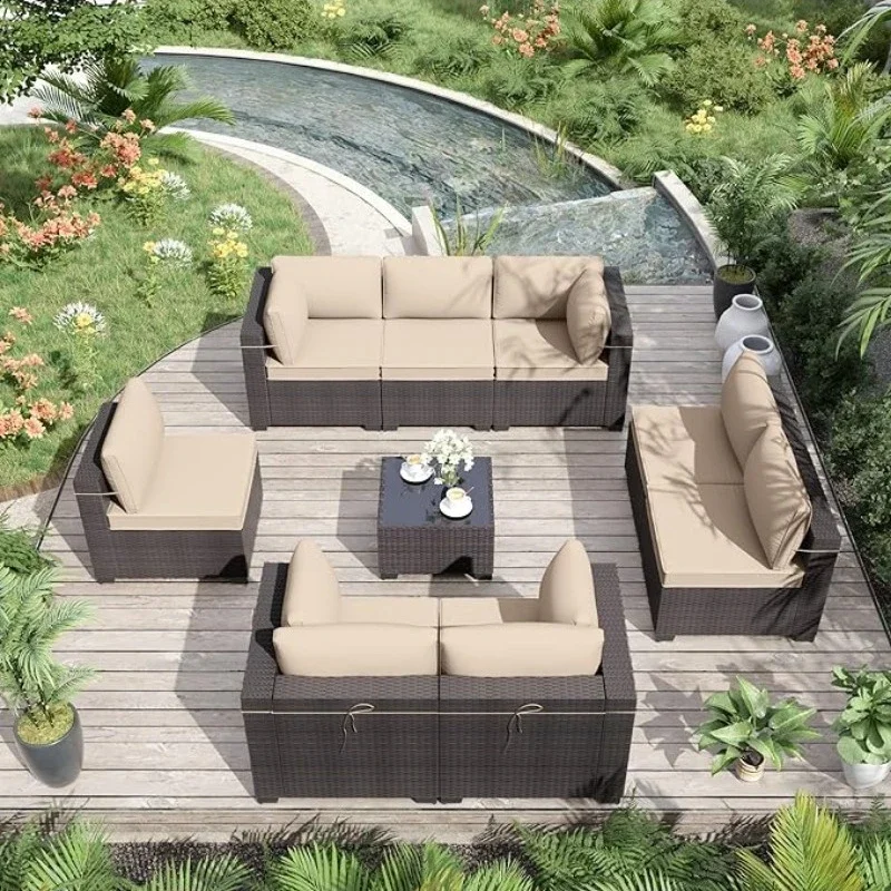 

9 Pieces Outdoor Patio Furniture Set Sectional Sofa Sets Brown PE Rattan Patio Conversation Set