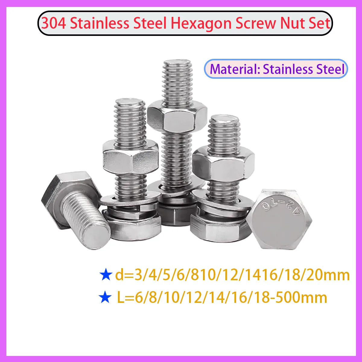 

304 Stainless Steel Hex Head Screw Nut Flat Washer Locking Kit