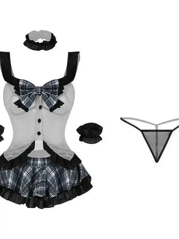 Vestido Sexy a cuadros transparente con lazo para mujer, vestido de encaje de malla empalmado transparente sin mangas con escote en V profundo, uniforme JK para el Campus, encantador T1JG