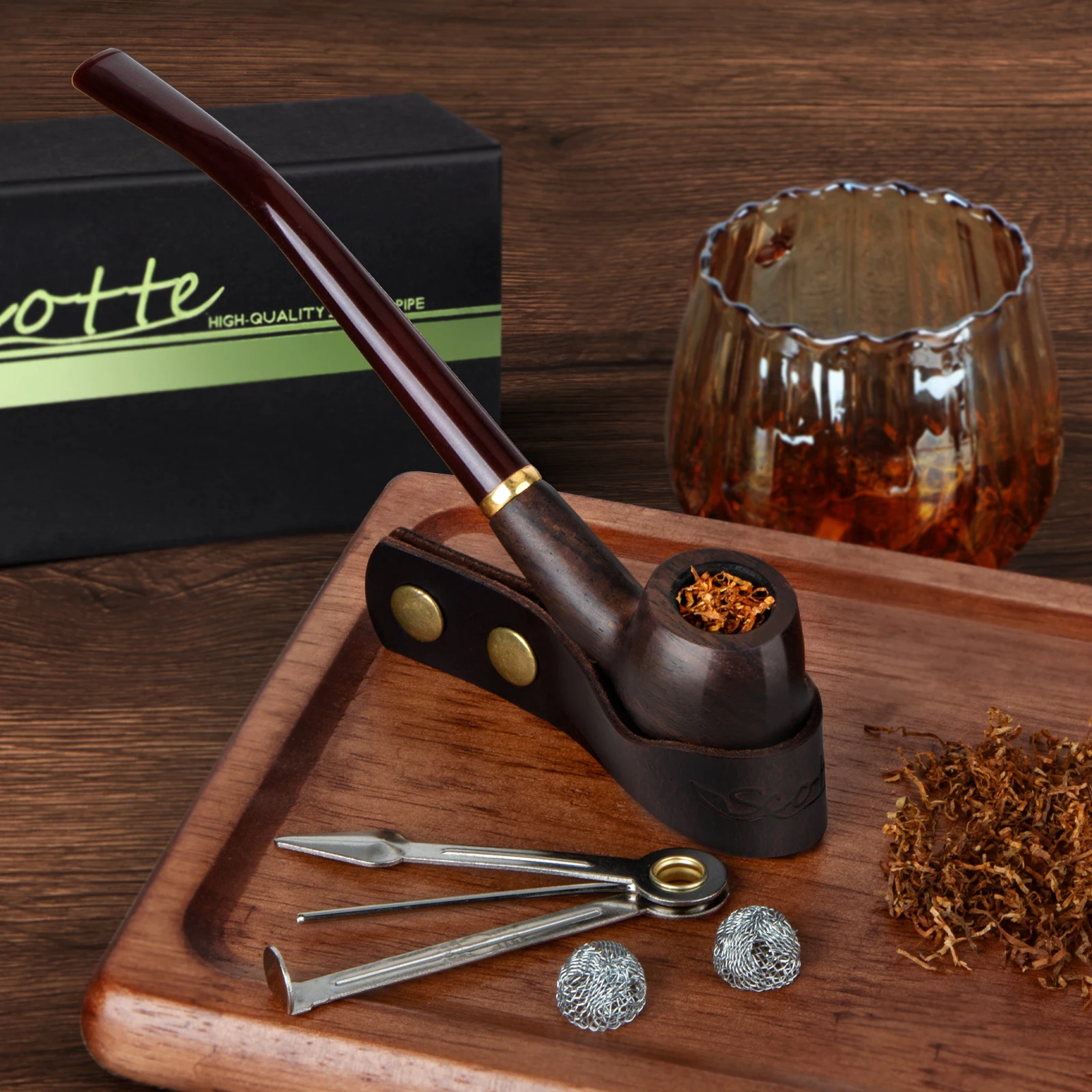 Scotte Handmade Pipe with Replaceable Stem,Pipe Stand,Cleaner Tools,Various Accessories Kit In Gift Box for Pipe Lovers