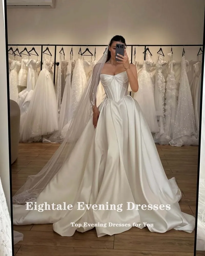 Eightale คําชุดแต่งงานที่กําหนดเอง Sweetheart ลูกปัดงาช้างซาติน High Side Slit A-Line ชุดเจ้าสาว Vestidos De Novia