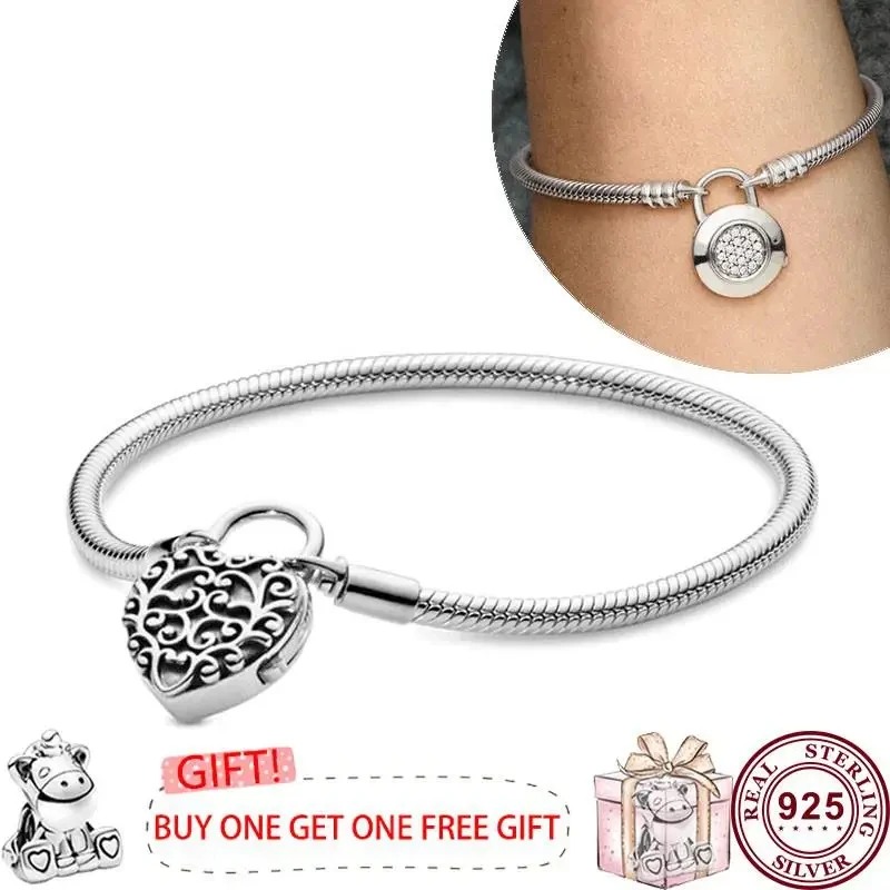 Hot Selling 925 Sterling Silver Shining Love Heart Oath Original Women's Logo Padlock Bracelet Engagement DIY Charm Jewelry