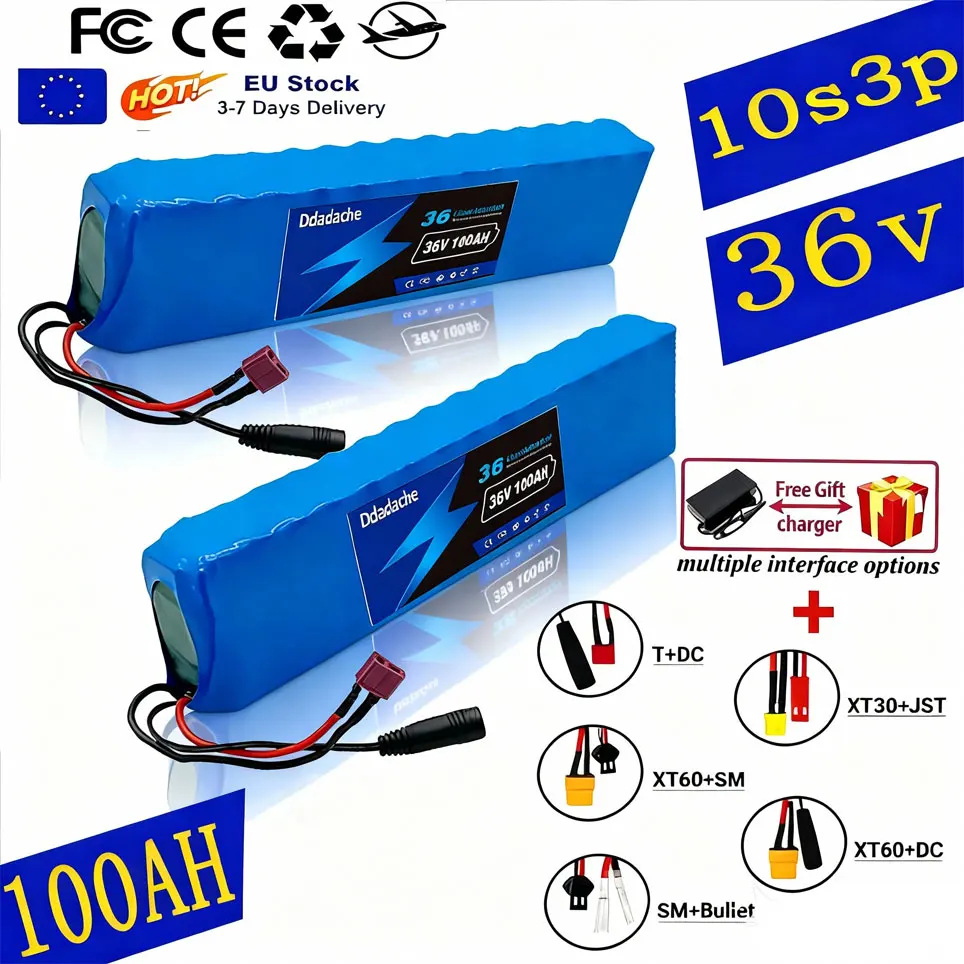 Batterie au lithium rechargeable 36V 100Ah 18650 10S3P 1000W Puissance modifiée Batterie de scooter électrique 36V avec BMS, SYP XT60 JST