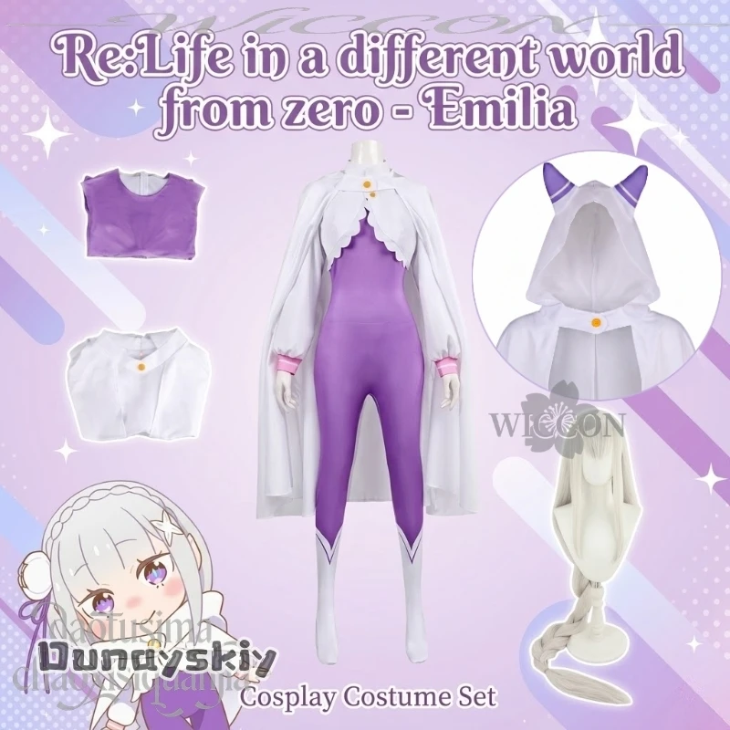 

Emilia new outfit costume sexy bodysuit jumpsuit neko cat ear hat white cape wigs Halloween Cosplay Anime Re:zero Season Four