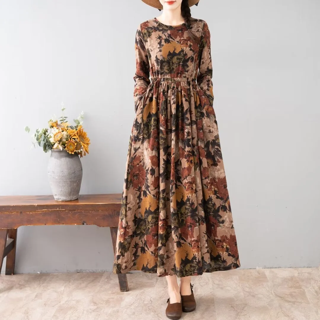 여성용 중간 길이 꽃무늬 프린트 긴 소매 라운드 칼라 캐주얼 통근 가을 시즌 패션 숙녀 드레스 우아한 TS724