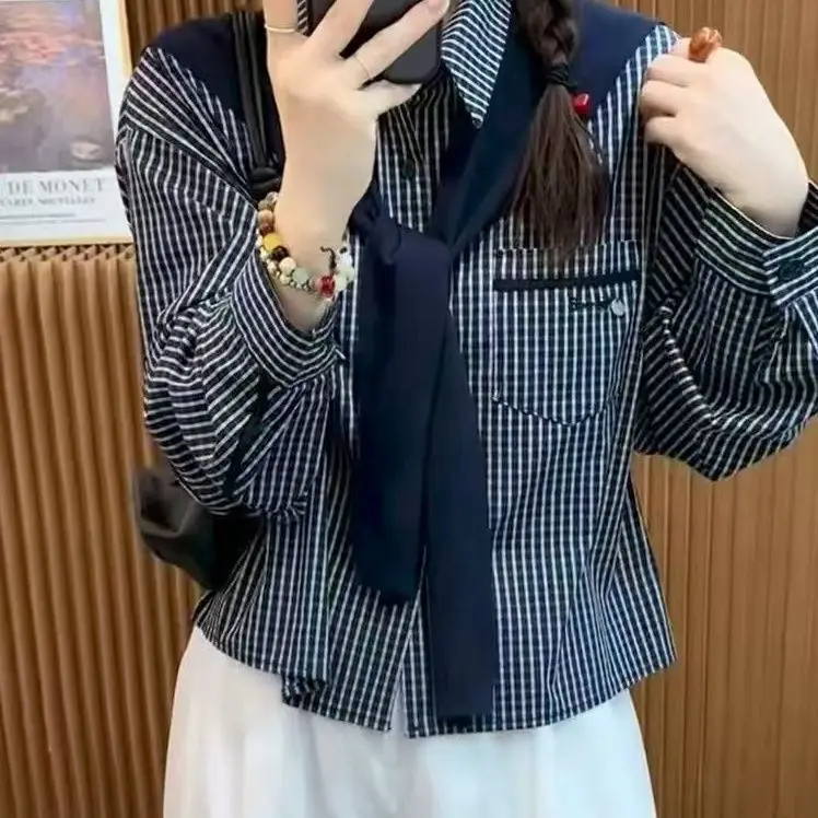 Koreańska długa bluzka w kratę, modna, anty-aging, na wczesną jesień, nowy design, oddychająca poliestrowa bluzka.