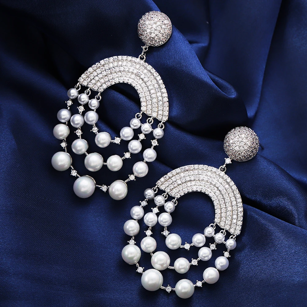 Fashion Drop Earrings Women's Wedding Party Cubic Zircon Earrings Brazilian Style Mock Pearls Luxury Jewelry
