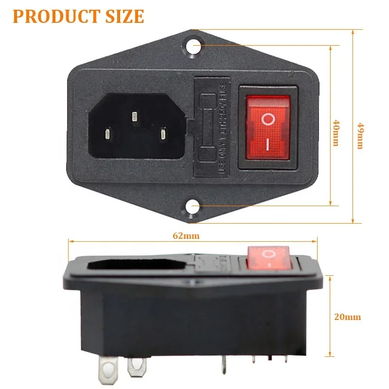 IEC320 C14 ac power inlet with fuse holder and rocker switch and socket 10A/15A screw-in