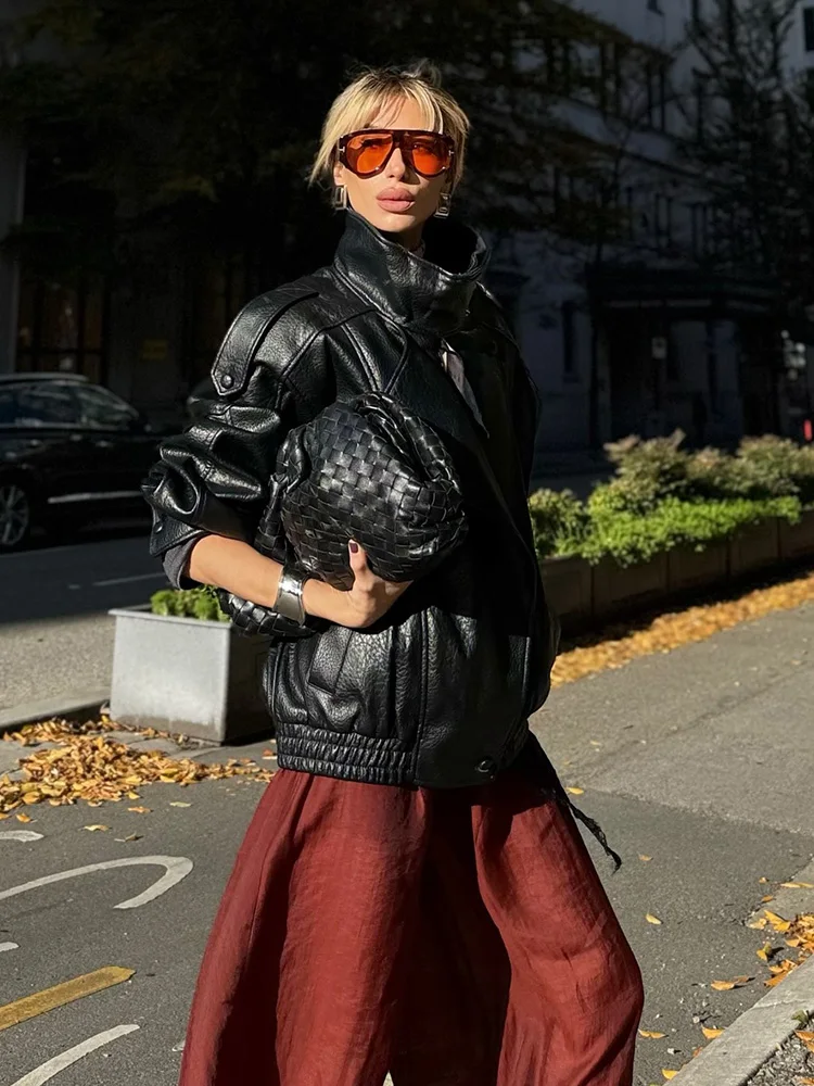 

HH женские осенние элегантные длинные рукава с лацканами плиссированные молнии дизайн уличный стиль короткие пальто женская текстурированная кожаная черная куртка