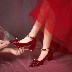 Chinese Wedding Shoes Autumn Female Fashion New Xiuhe Dress Wedding Two Wear Bride Shoes Wedding French Red High Heels