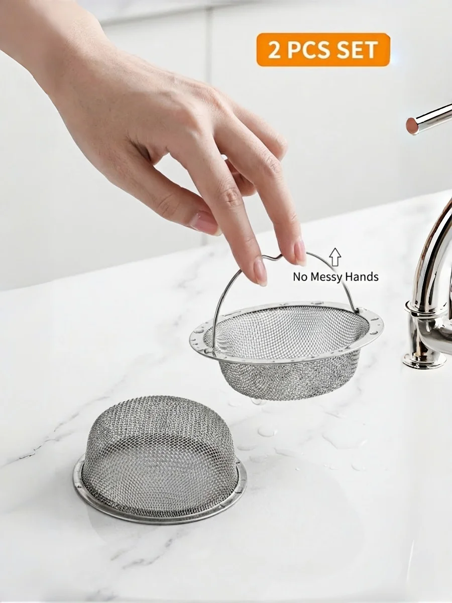 

Набор из 2-х сливных фильтров для раковины из нержавеющей стали с ручкой, профессиональная мелкоячеистая корзина для слива, прочный и устойчивый к ржавчине фильтр для кухонной мойки
