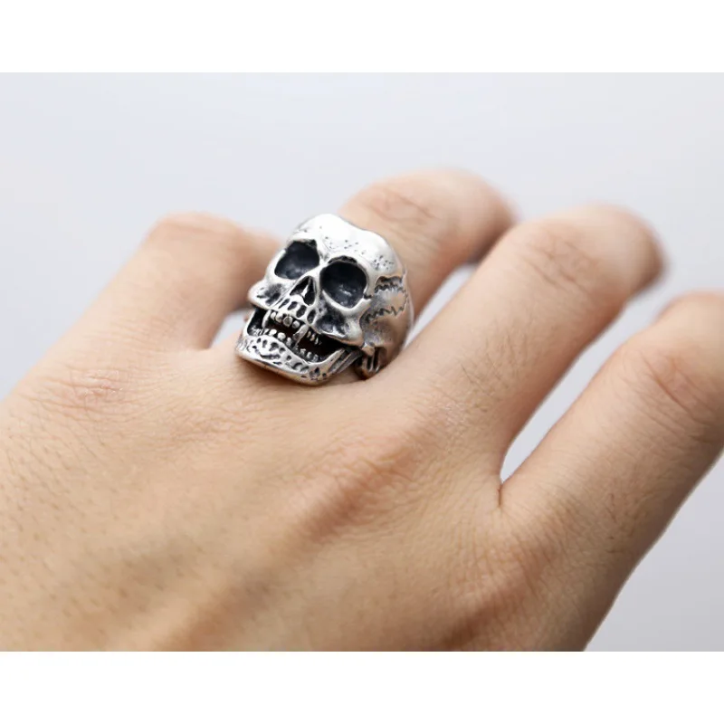 WholeSale S925 Sterling Silver domineering Skull ring men'S index finger ring retro thai Silver diStreSSed open ring large