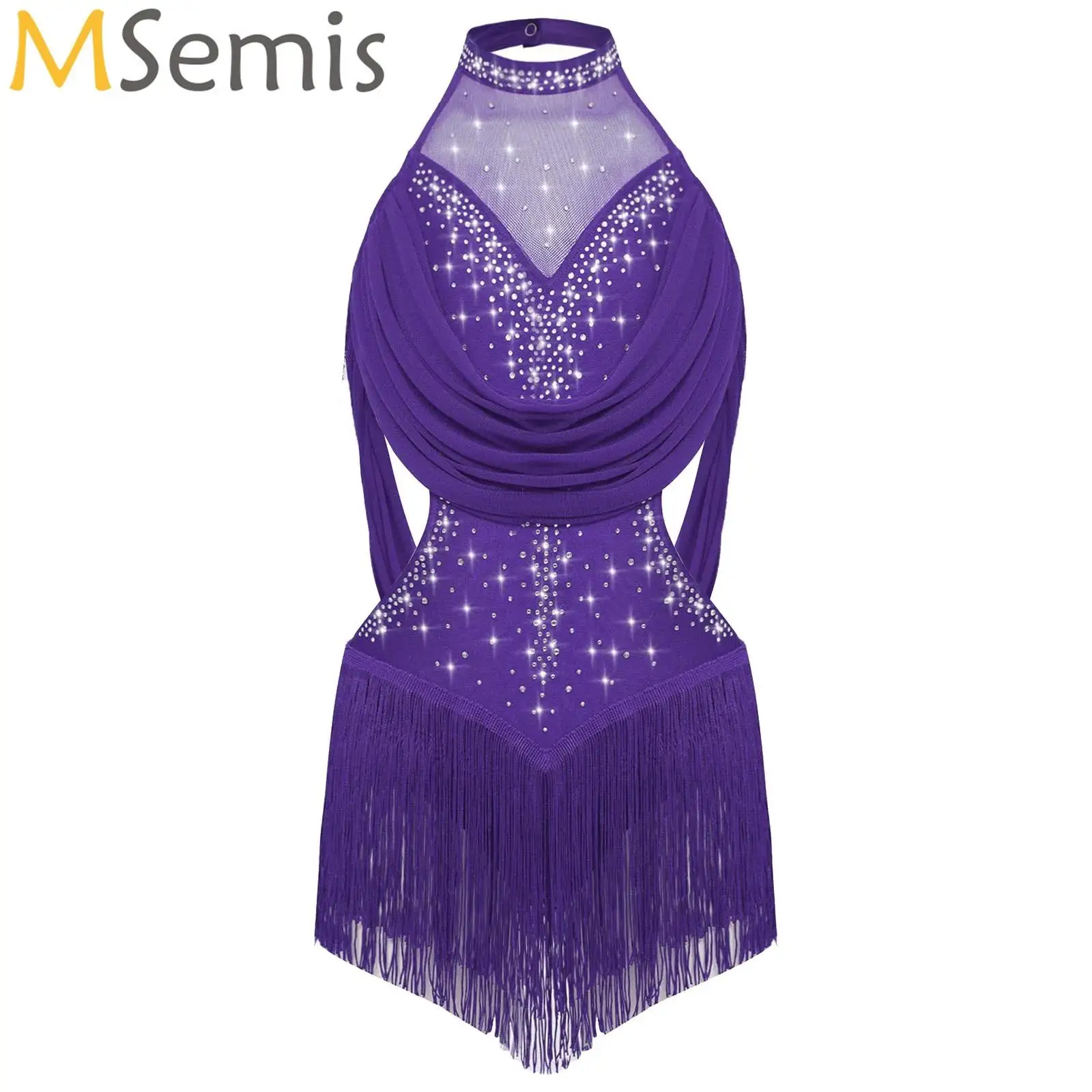 

Kids Girls Latin Dance Leotard Dress Figure Skating Ballet Cha-cha Samba Tango Costume Rhinestones Ruched Mesh Tassel Bodysuit