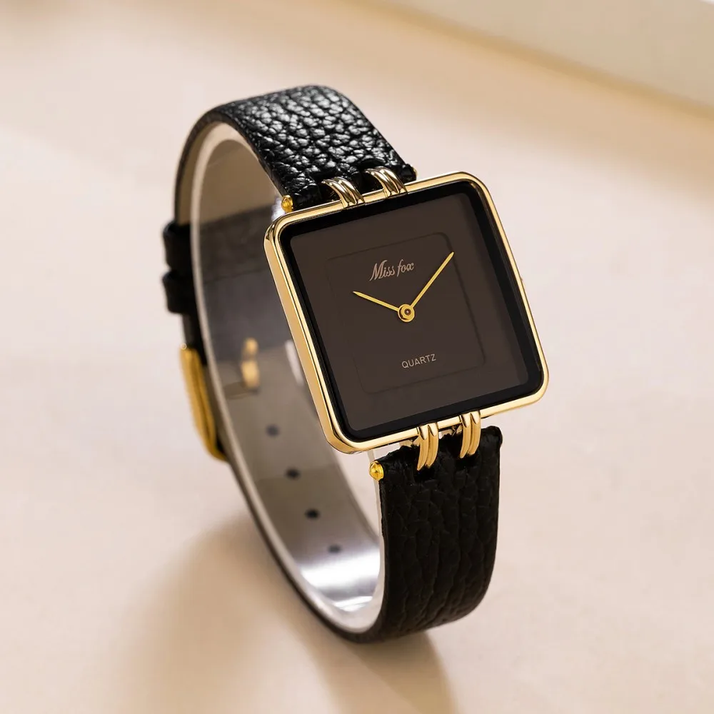 Missfox Vintage Square Dial Women's Quartz Watch Minimalist Brown Leather Strap Elegant Casual Wristwatch Luxury Female Daily Accessory