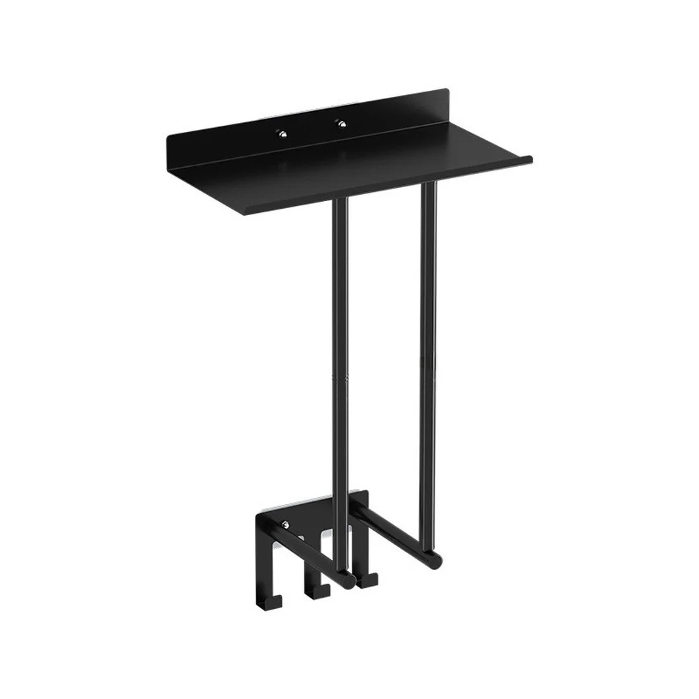 Wall Mounted 2 Tier Towel Rack No Tools Required Black Iron Rustproof Design for Bathroom Use on Smooth Walls 34x16x7.5cm
