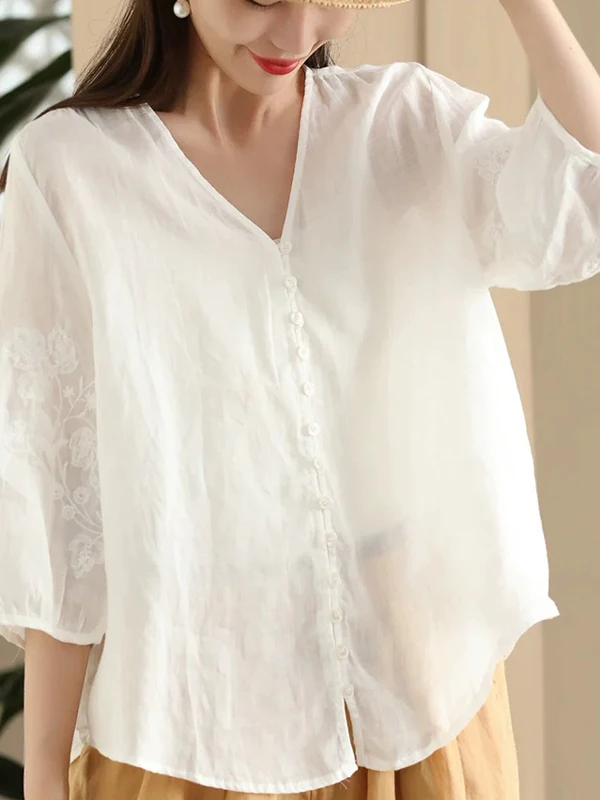 レトロ V ネック オルト スヴェ 刺繍入り リネン コットン ブレンド イルト レディース ルーズフィット ボタンアップ サマー トップス 中国風