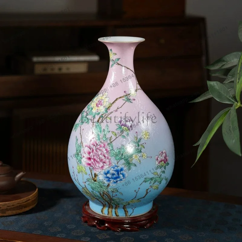 Jingdezhen Ceramic Vase Hand-Painted Pastel Flower Ornament Chinese Living Room TV Cabinet Bogu Frame High-End Decoration
